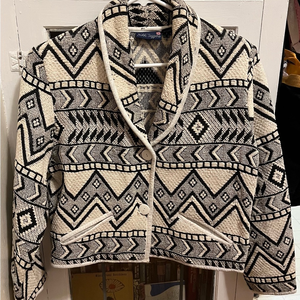 Black and Cream Geometric Woven Blazer